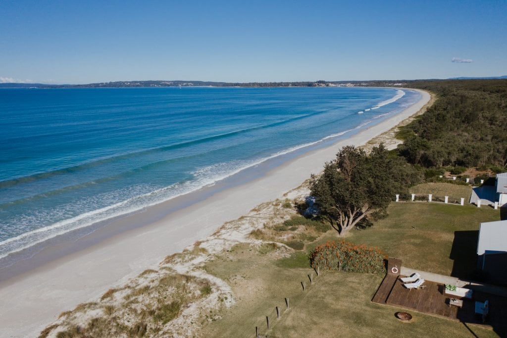 Atra-Beachfront-Holiday-Rental-Accomodation-Jervis-Bay-NSW-South-Coast-aerial-photo-of-the-beach