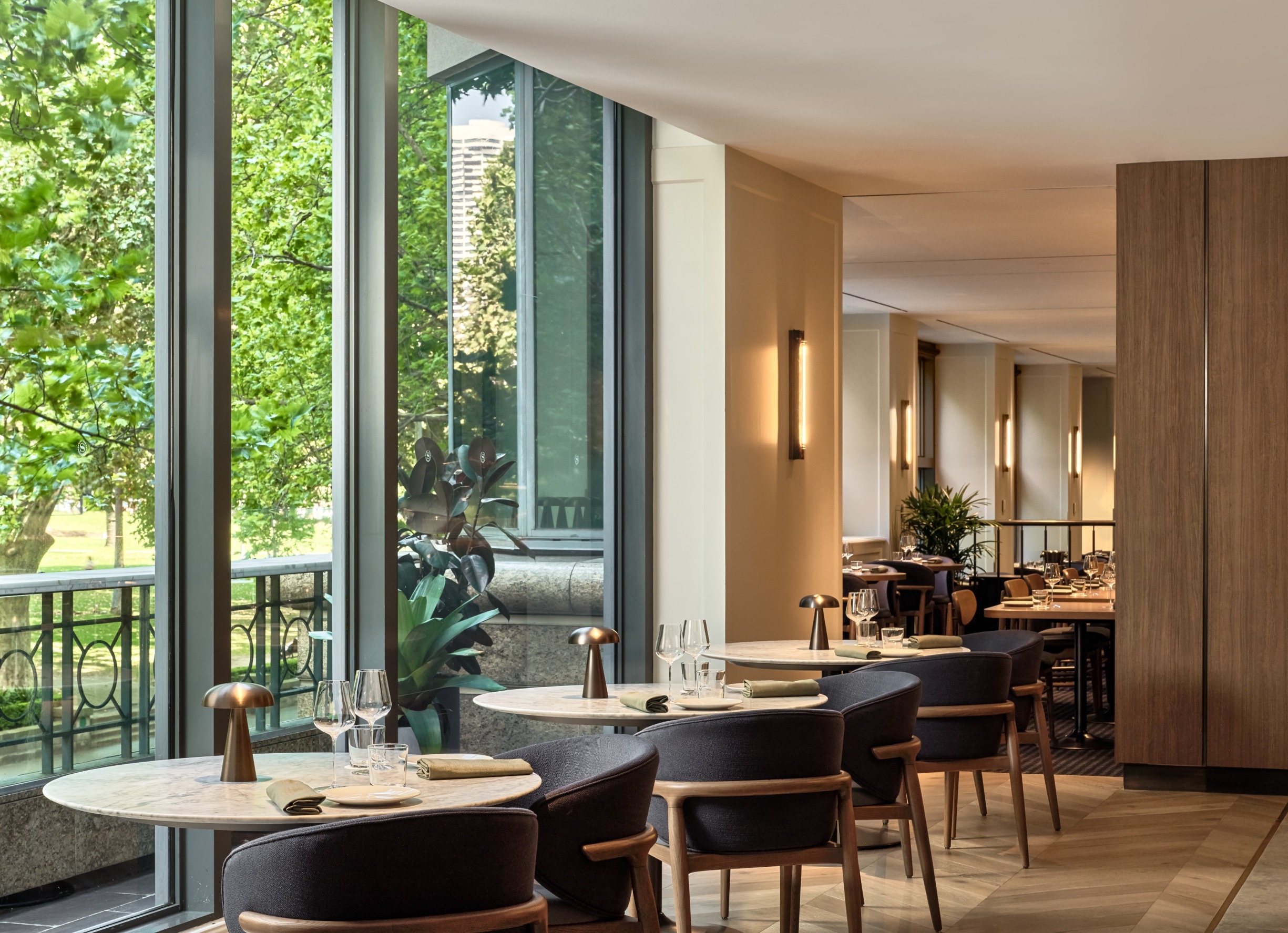 Floor-to-ceiling windows at Sydney Common framing the greenery of Hyde Park