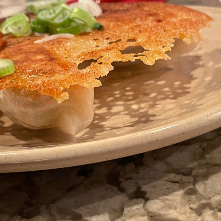 Wortip pan-fried dumpling with a crisp lace skirt on a ceramic plate