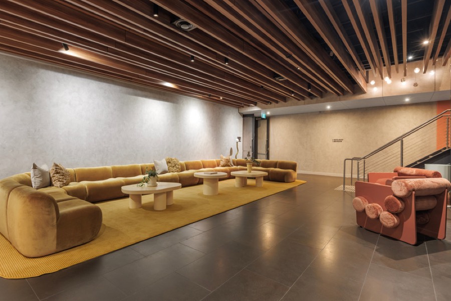 The Big Room with screen and round tables